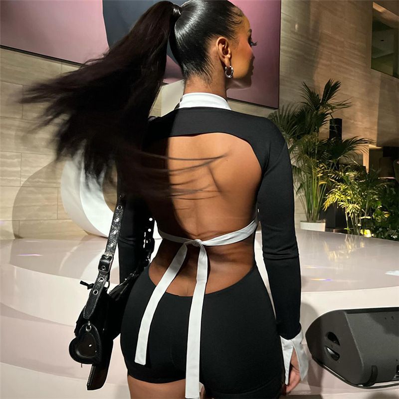 New styles for the summer of 2025: A fashionable and elegant jumpsuit with a lapel, sexy hollow-out back, long sleeves, and a form-fitting silhouette, suitable for parties, casual wear, and the street