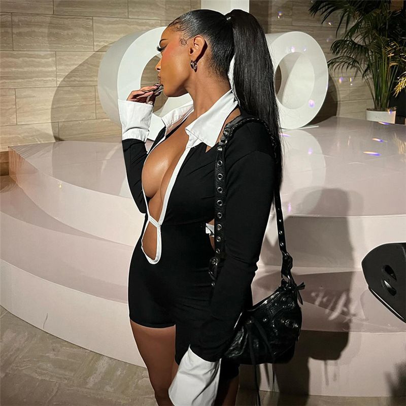 New styles for the summer of 2025: A fashionable and elegant jumpsuit with a lapel, sexy hollow-out back, long sleeves, and a form-fitting silhouette, suitable for parties, casual wear, and the street