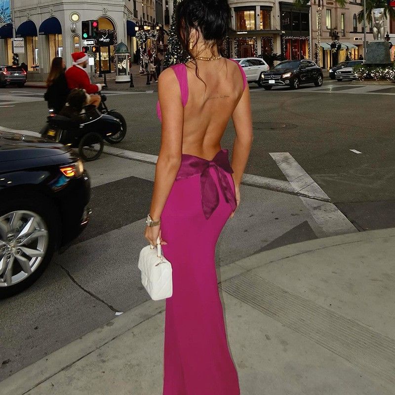 Summer new women's dress fashion elegant temperament solid color sleeveless suspenders halter bow slim long dress suitable for leisure party dinner dress.