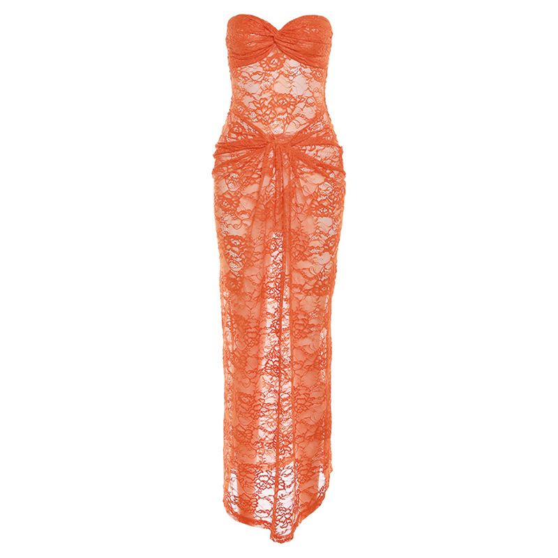 New women's dresses in summer are fashionable, elegant, solid color, strapless and wrapped lace slim long dresses suitable for leisure and holiday parties.