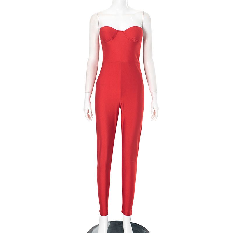 New avant-garde styles for summer 2025: A solid-color sleeveless strapless bodycon sexy backless jumpsuit, suitable for parties and casual wear.
