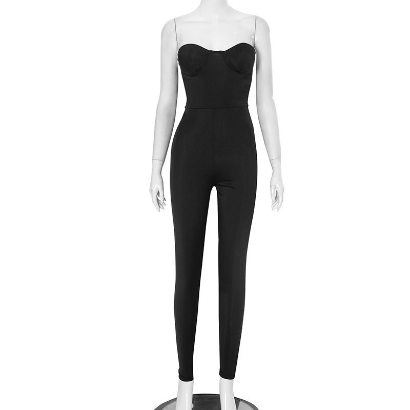 New avant-garde styles for summer 2025: A solid-color sleeveless strapless bodycon sexy backless jumpsuit, suitable for parties and casual wear.