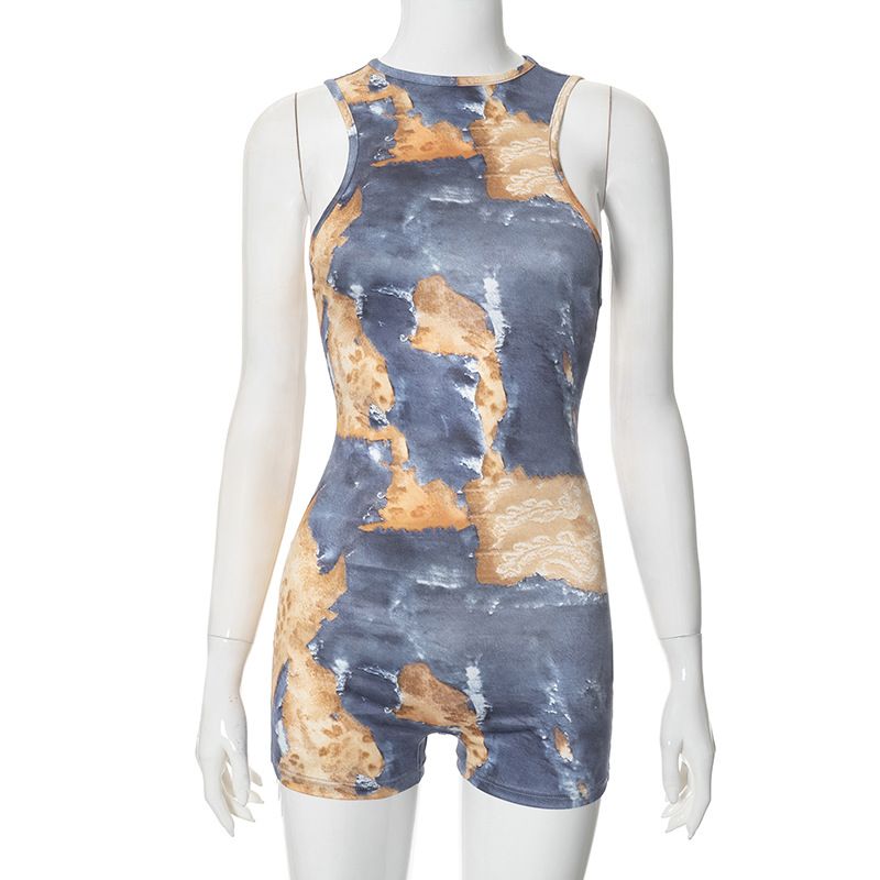 New summer 2025 styles: Lightweight, breathable, fashionable and casual painted print halter-neck sleeveless backless slim-fit one-piece shorts, suitable for parties and streetwear.