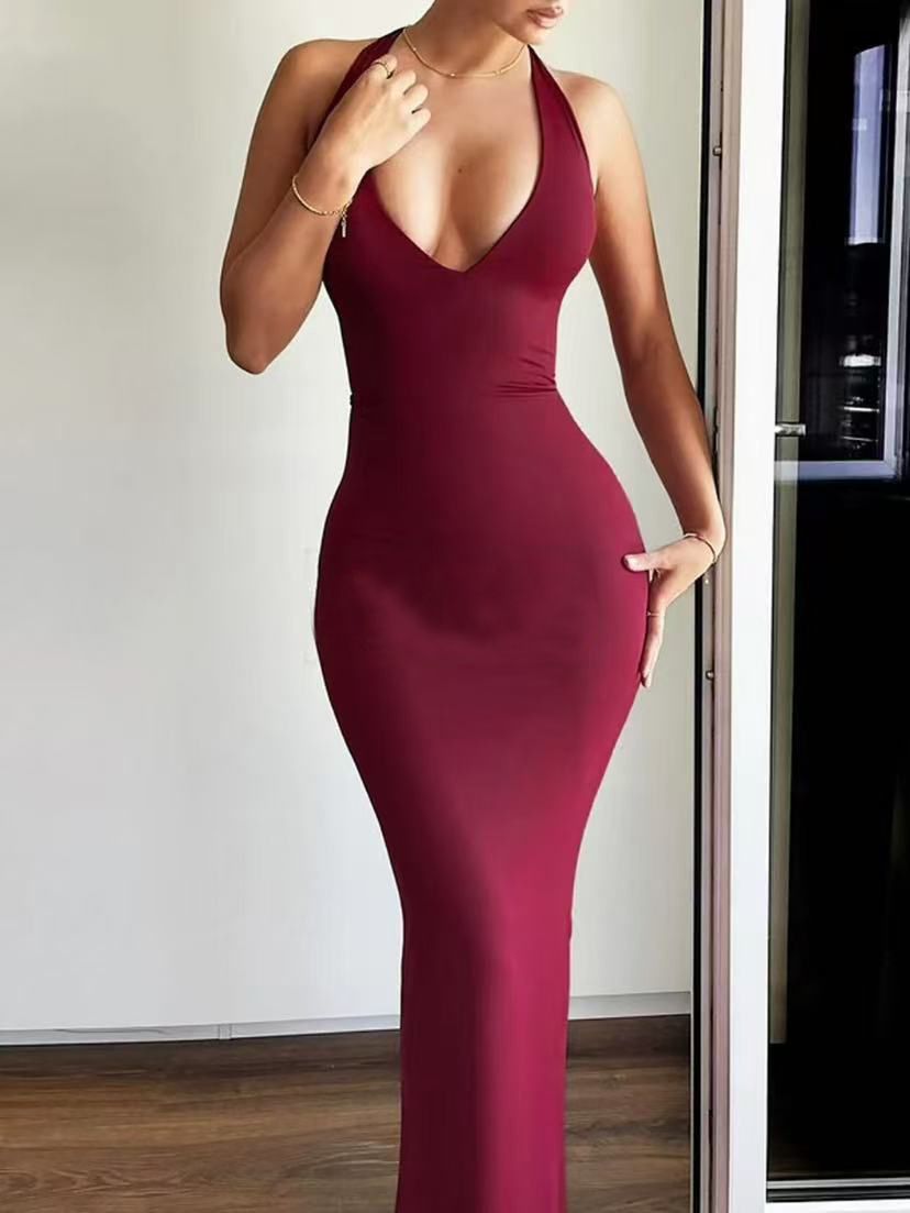 New women's dresses in summer are fashionable, elegant, solid color, sleeveless neck, V-neck, backless and slim. Long dresses are suitable for daily leisure parties and banquets.