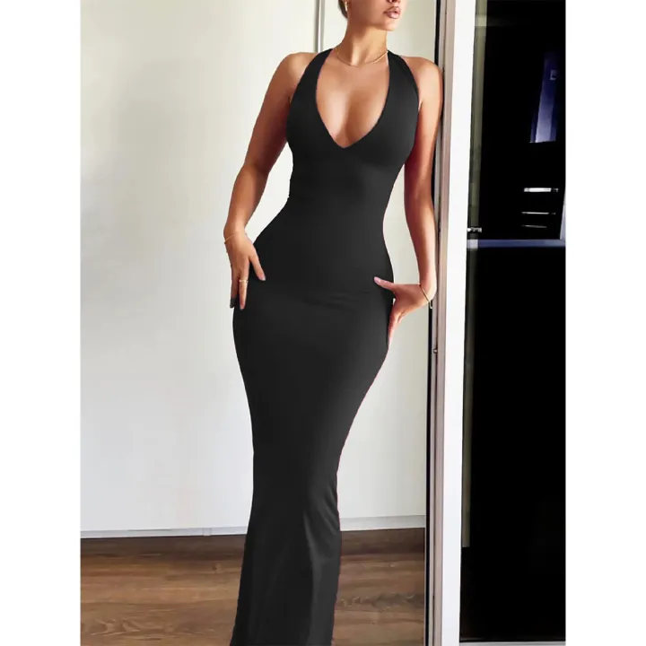 New women's dresses in summer are fashionable, elegant, solid color, sleeveless neck, V-neck, backless and slim. Long dresses are suitable for daily leisure parties and banquets.