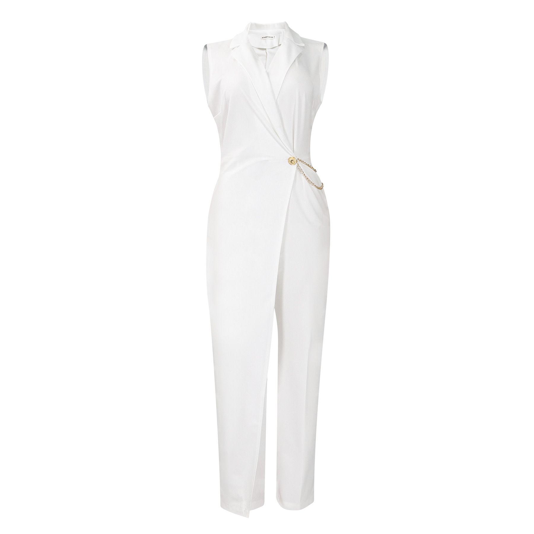 2025 Summer New Women's Fashion: Stylish and Elegant Suit Collar Sleeveless Waist-Cinching Chain Loose Wide-Leg Long Jumpsuit for Office Commuting.