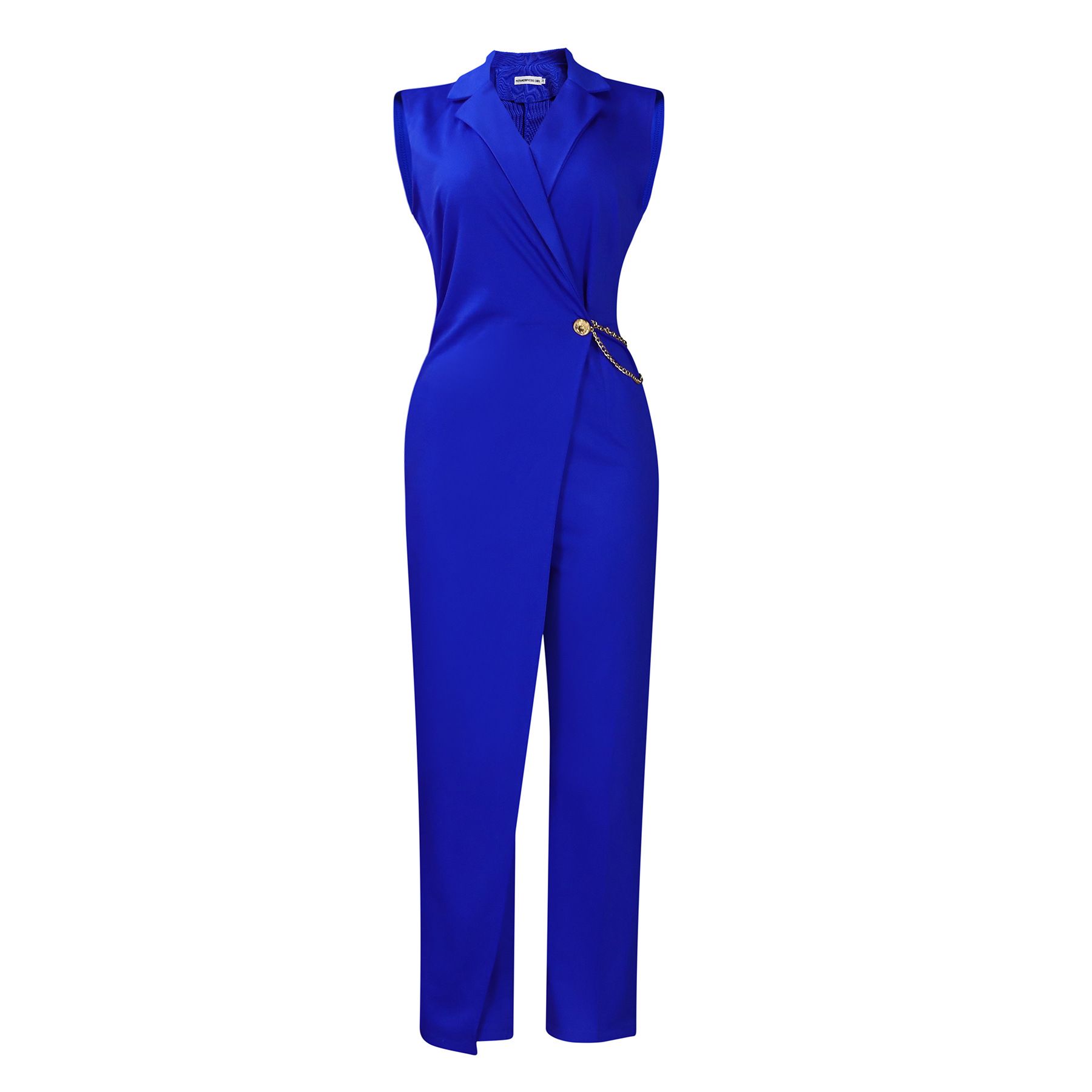 2025 Summer New Women's Fashion: Stylish and Elegant Suit Collar Sleeveless Waist-Cinching Chain Loose Wide-Leg Long Jumpsuit for Office Commuting.