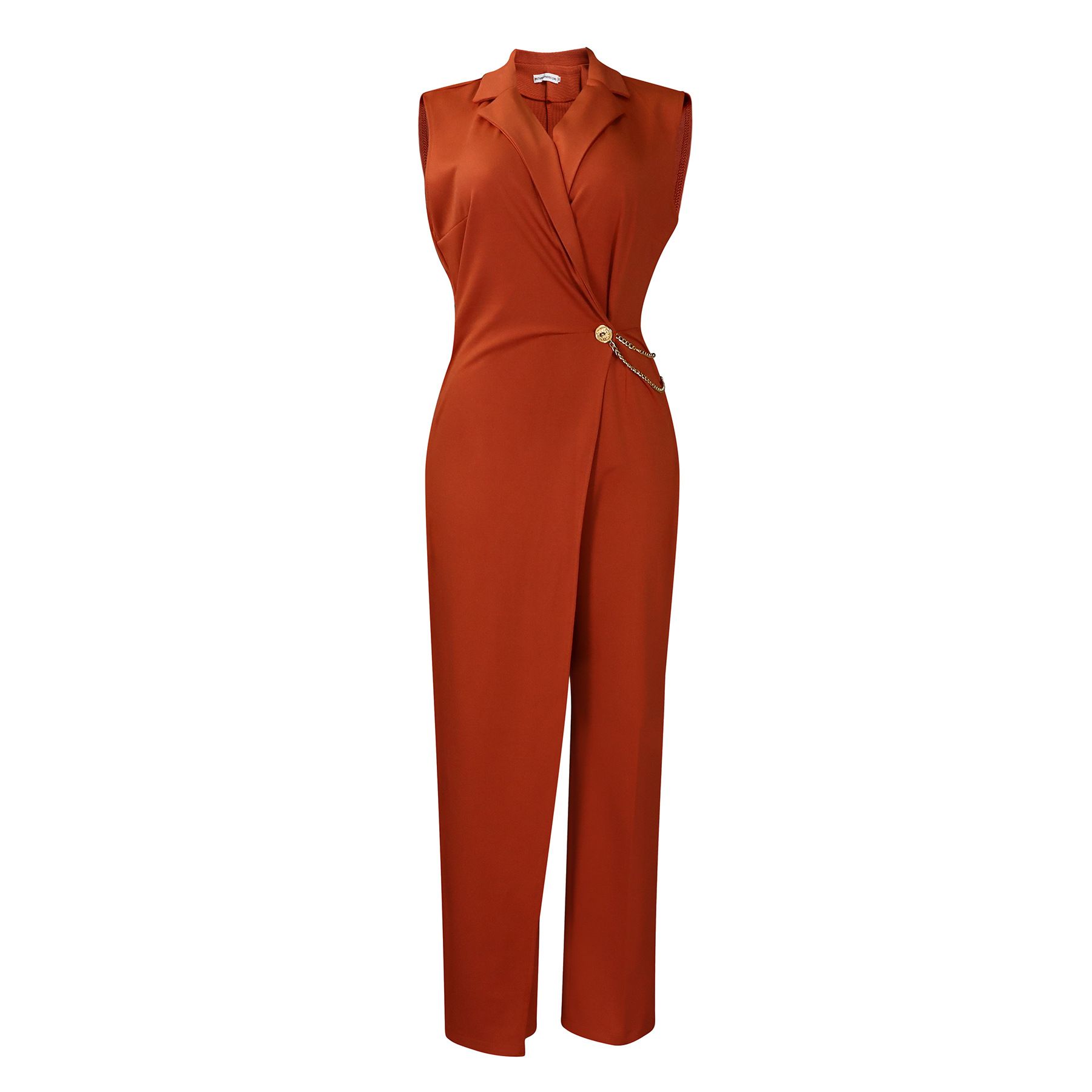 2025 Summer New Women's Fashion: Stylish and Elegant Suit Collar Sleeveless Waist-Cinching Chain Loose Wide-Leg Long Jumpsuit for Office Commuting.