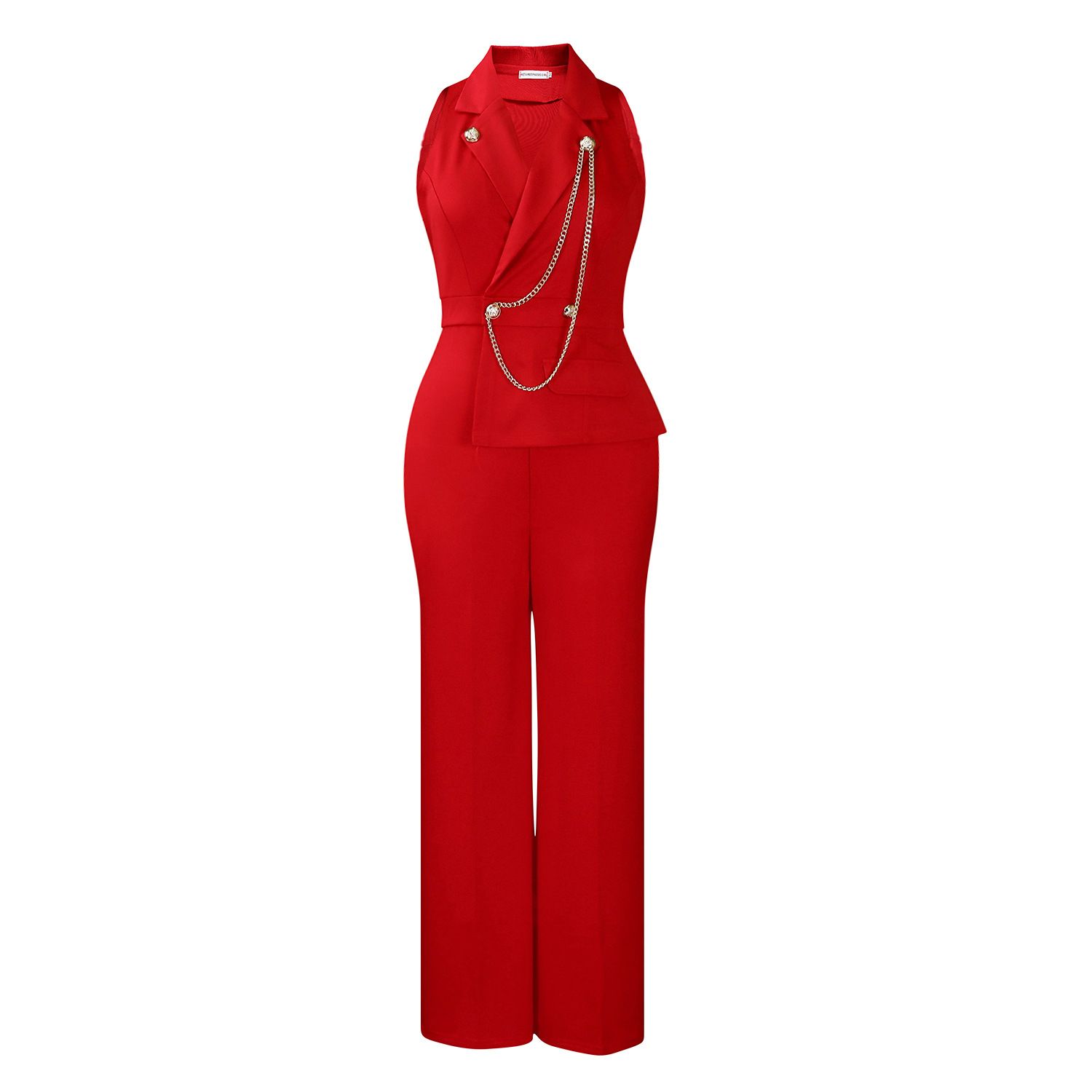 2025 Summer New Women's Fashion: Stylish and Elegant Suit Collar Sleeveless Chain Waist-Cinching Casual Wide-Leg Long Jumpsuit for Office Commuting.