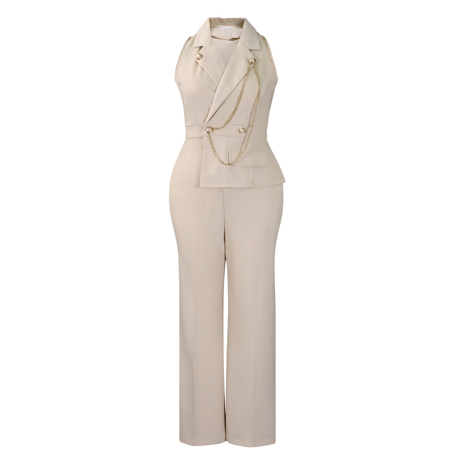 2025 Summer New Women's Fashion: Stylish and Elegant Suit Collar Sleeveless Chain Waist-Cinching Casual Wide-Leg Long Jumpsuit for Office Commuting.