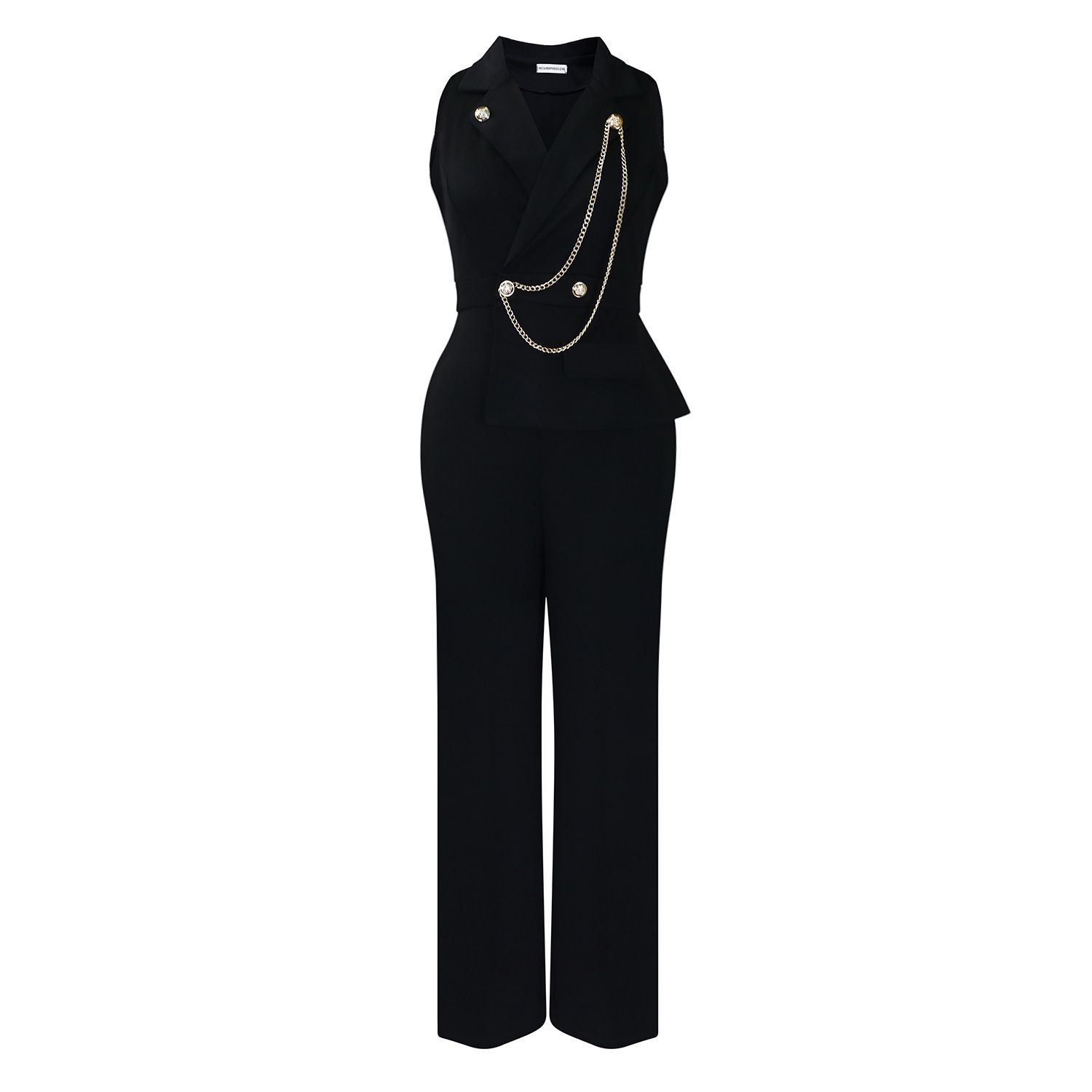 2025 Summer New Women's Fashion: Stylish and Elegant Suit Collar Sleeveless Chain Waist-Cinching Casual Wide-Leg Long Jumpsuit for Office Commuting.