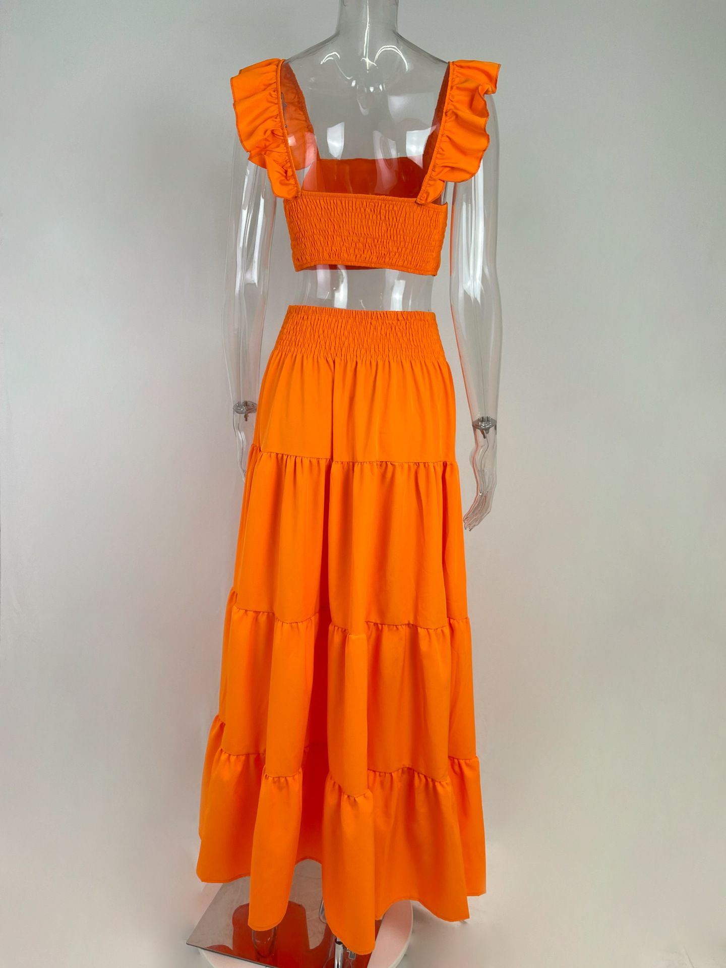 Summer new women's two-piece fashion elegant solid color printed sleeveless camisole top waist big skirt long skirt suit suitable for daily leisure holiday dinner.