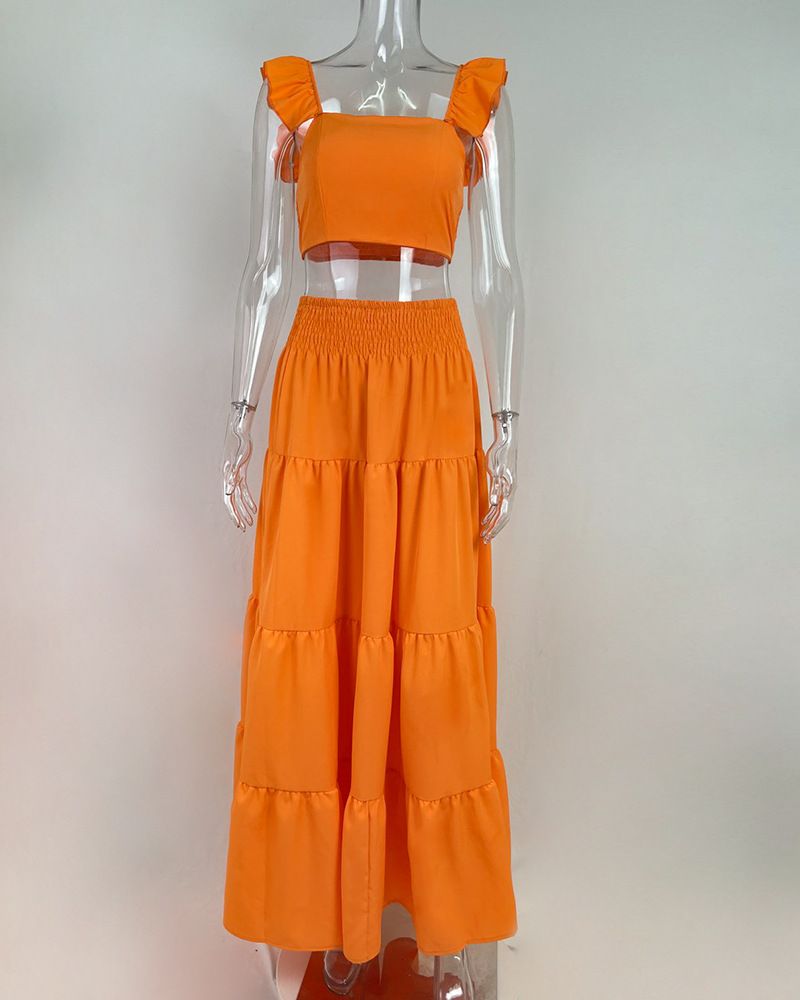Summer new women's two-piece fashion elegant solid color printed sleeveless camisole top waist big skirt long skirt suit suitable for daily leisure holiday dinner.