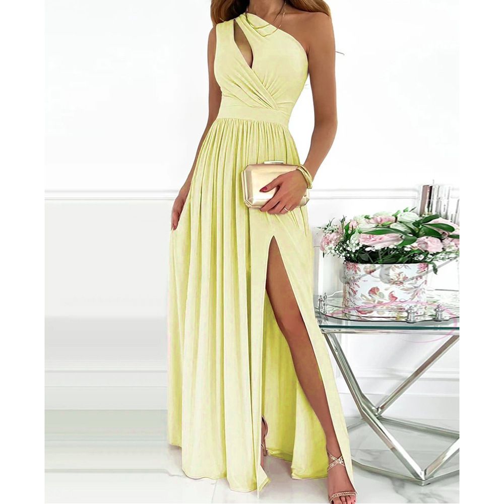 2025 Summer New Women's Fashion: Stylish and elegant one-shoulder temperament printed sleeveless sexy high-waist slit maxi dress for casual vacation, evening banquets and formal occasions.