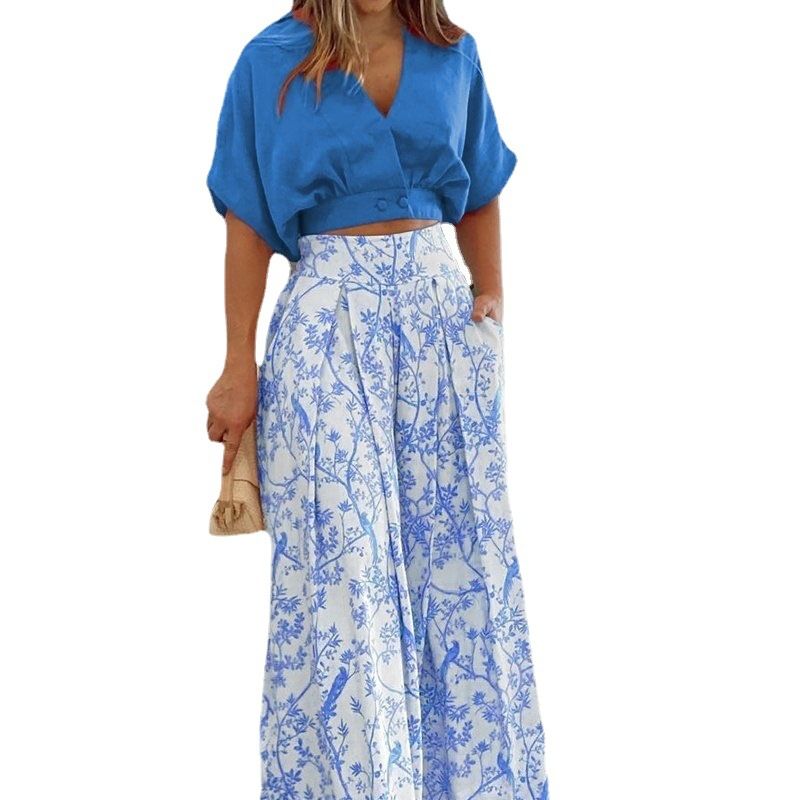 Summer new women's two-piece fashion elegant solid color short-sleeved V-neck shirt top with mid-waist printed wide-leg trousers suit is suitable for daily leisure and holiday commuting.