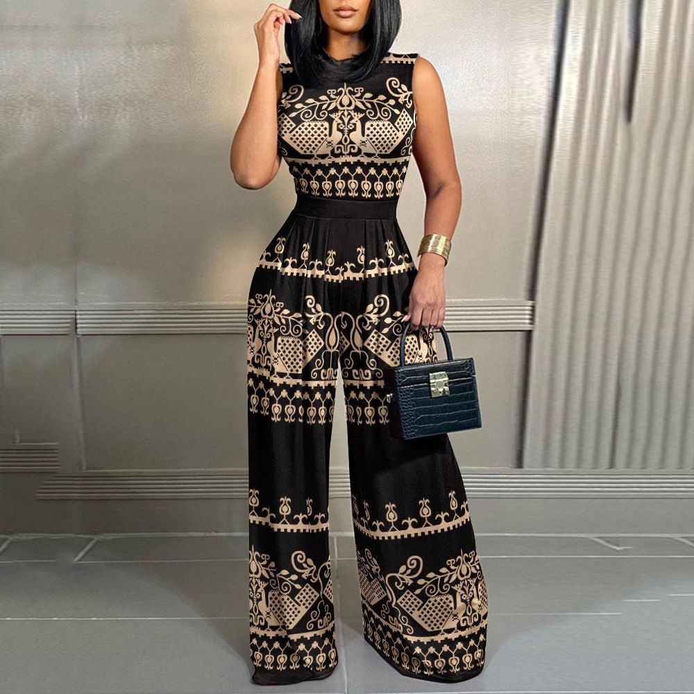 Summer new women's jumpsuit is fashionable and elegant, sleeveless round neck printing is loose and waist-length jumpsuit is suitable for daily leisure and holiday street commuting.