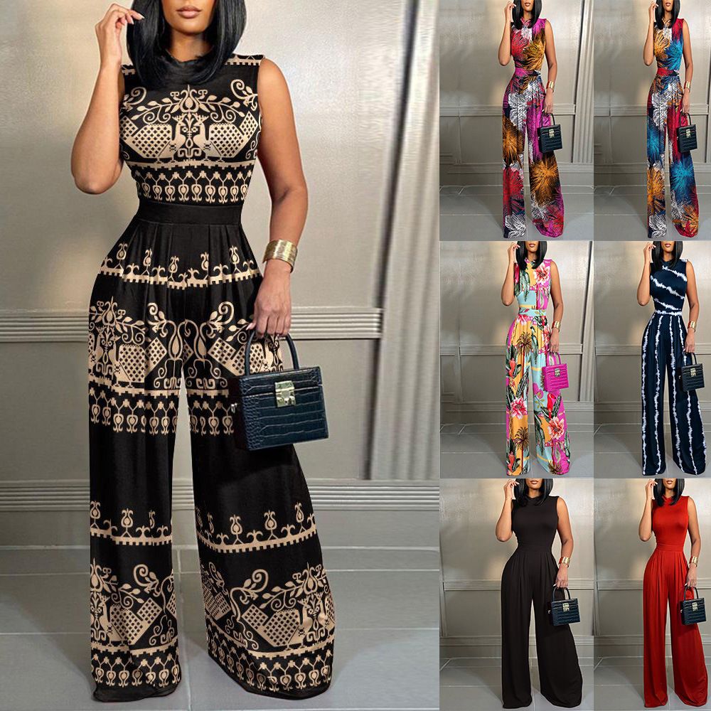 Summer new women's jumpsuit is fashionable and elegant, sleeveless round neck printing is loose and waist-length jumpsuit is suitable for daily leisure and holiday street commuting.