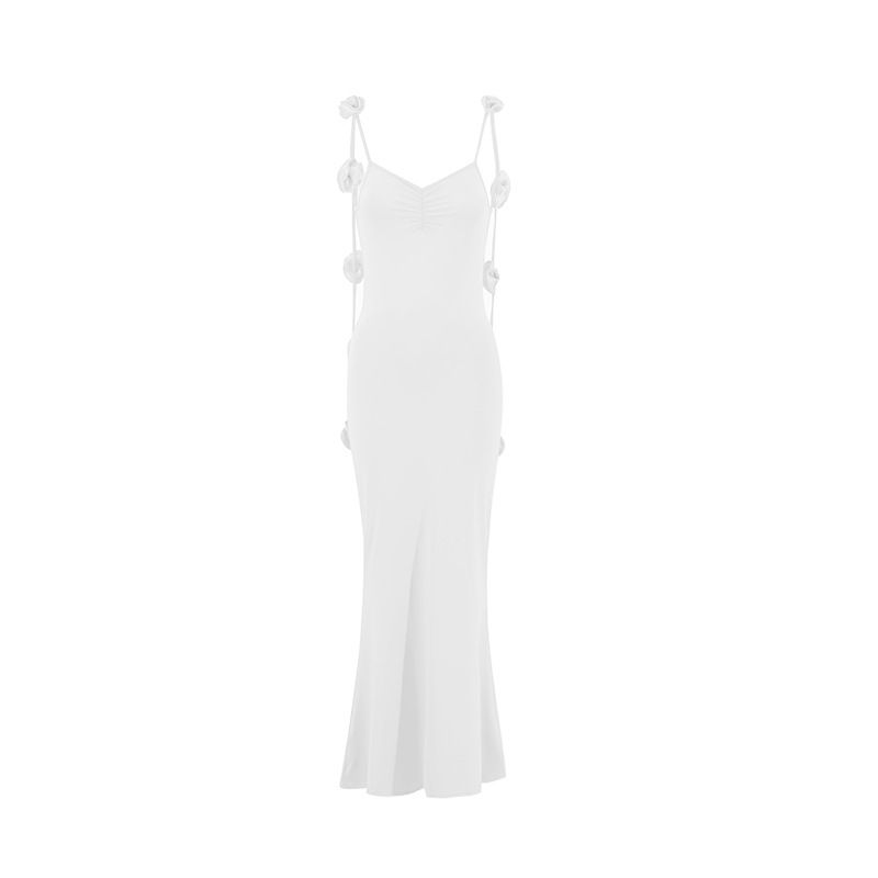 2025 Summer New Women's Fashion: Stylish, elegant and sexy backless strap maxi slim-fit dress with three-dimensional flower decorations for evening banquets and guest attendance.