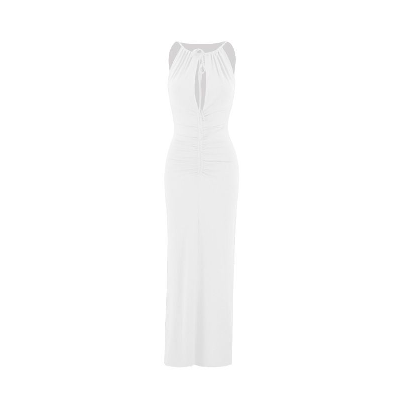 2025 Summer New Women's Fashion: Stylish, elegant and graceful halterneck sleeveless sexy hollow-out pleated slim-fit long dress for parties, evening banquets and guest attendance.