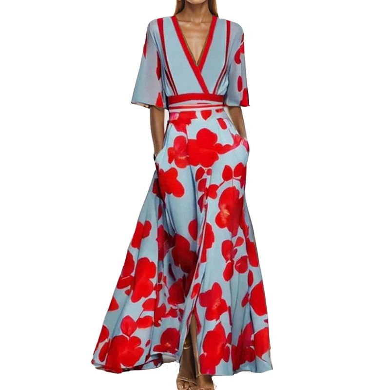 2025 Summer New Women's Fashion: Stylish, elegant and graceful V-neck half-sleeve printed tie-waist large-swing long dress for parties, evening banquets and casual formal occasions.