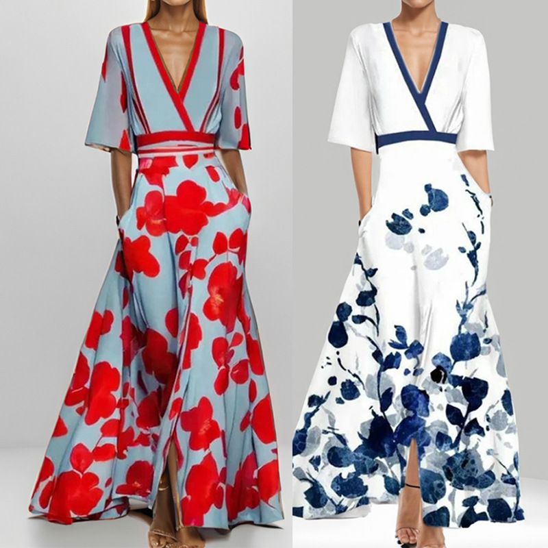 2025 Summer New Women's Fashion: Stylish, elegant and graceful V-neck half-sleeve printed tie-waist large-swing long dress for parties, evening banquets and casual formal occasions.