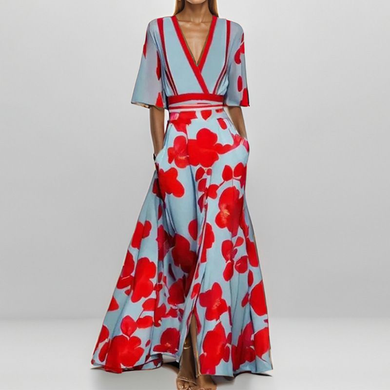 2025 Summer New Women's Fashion: Stylish, elegant and graceful V-neck half-sleeve printed tie-waist large-swing long dress for parties, evening banquets and casual formal occasions.