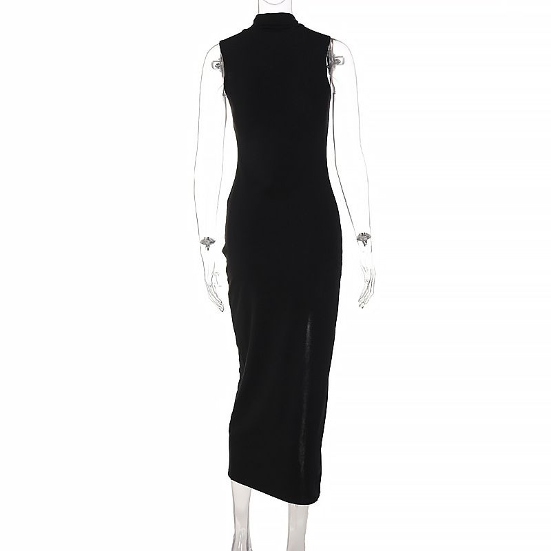 Summer new women's dress fashion temperament solid color sleeveless round neck slim slit long dress suitable for daily leisure party dinner dress.
