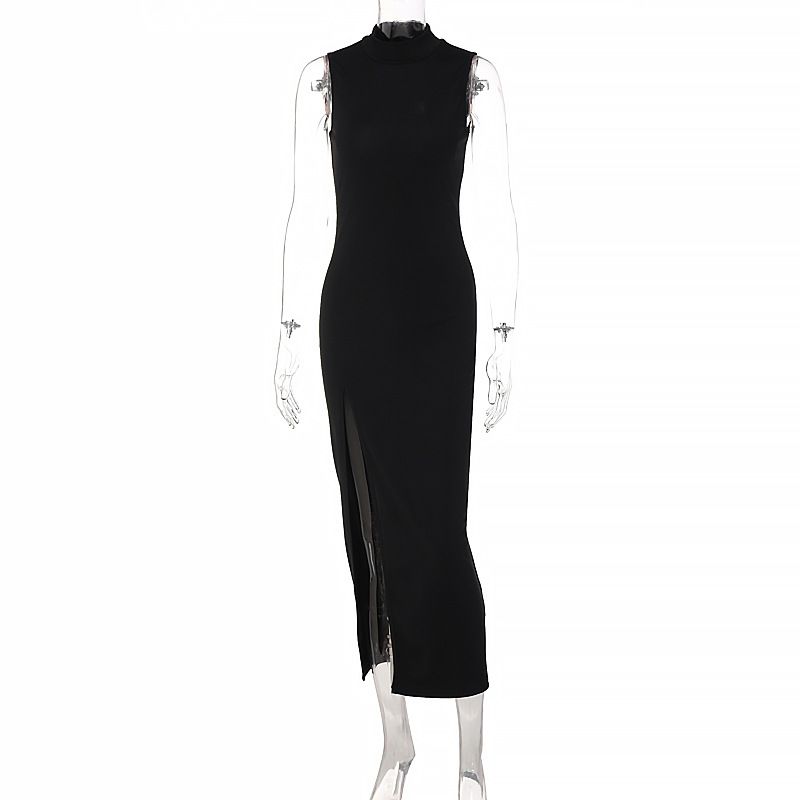 Summer new women's dress fashion temperament solid color sleeveless round neck slim slit long dress suitable for daily leisure party dinner dress.