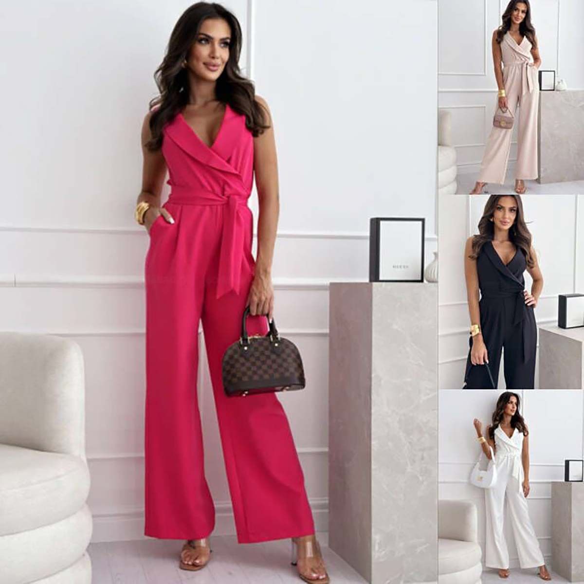 2025 Summer New Women's Fashion: Elegant, Temperamental, Comfortable and Casual Solid Color V-Neck Sleeveless Tie-Up Long Jumpsuit for Leisure and Office Commuting.