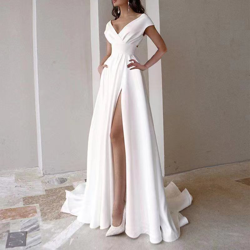 New women's dresses in summer are fashionable, elegant, solid color, short sleeves, V-neck, waist, big skirt and split long dresses, which are suitable for evening dresses of party and dinner guests.