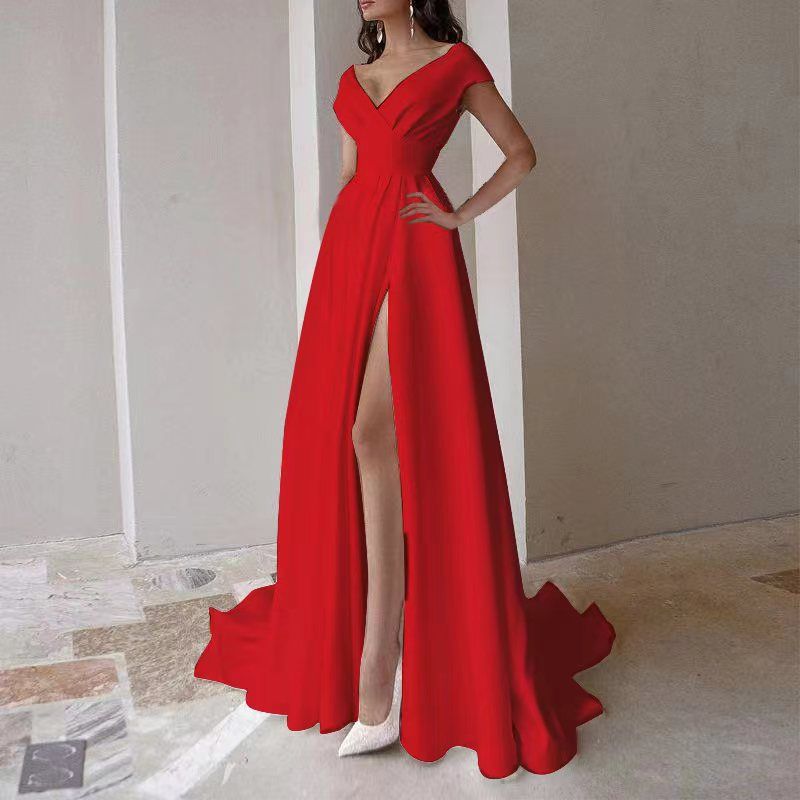 New women's dresses in summer are fashionable, elegant, solid color, short sleeves, V-neck, waist, big skirt and split long dresses, which are suitable for evening dresses of party and dinner guests.