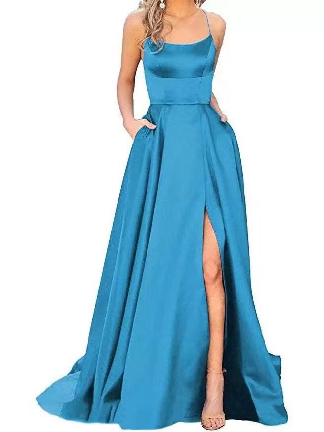 New women's dresses in summer are fashionable, elegant, solid color, sleeveless suspenders, backless waist and split long dresses, which are suitable for evening dresses of party and dinner guests.