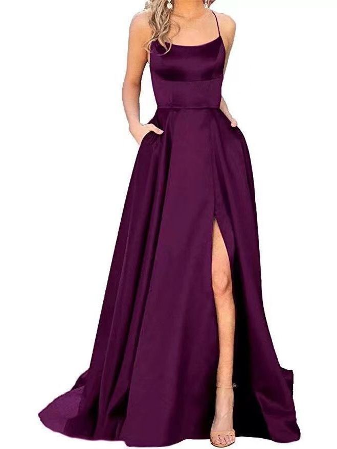 New women's dresses in summer are fashionable, elegant, solid color, sleeveless suspenders, backless waist and split long dresses, which are suitable for evening dresses of party and dinner guests.
