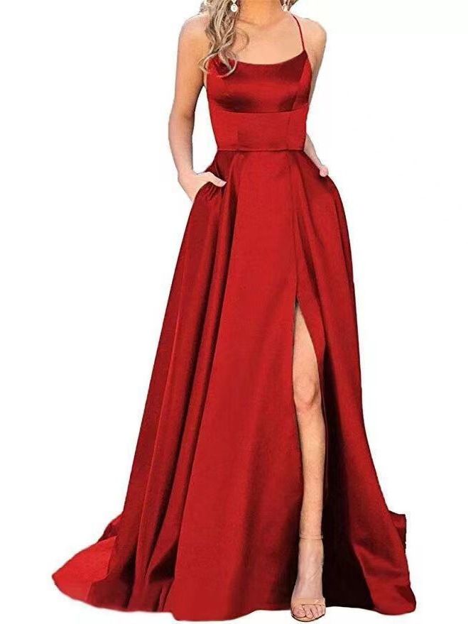 New women's dresses in summer are fashionable, elegant, solid color, sleeveless suspenders, backless waist and split long dresses, which are suitable for evening dresses of party and dinner guests.