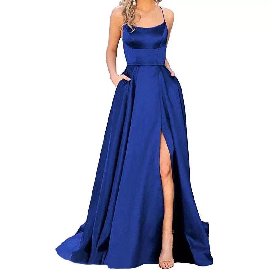 New women's dresses in summer are fashionable, elegant, solid color, sleeveless suspenders, backless waist and split long dresses, which are suitable for evening dresses of party and dinner guests.