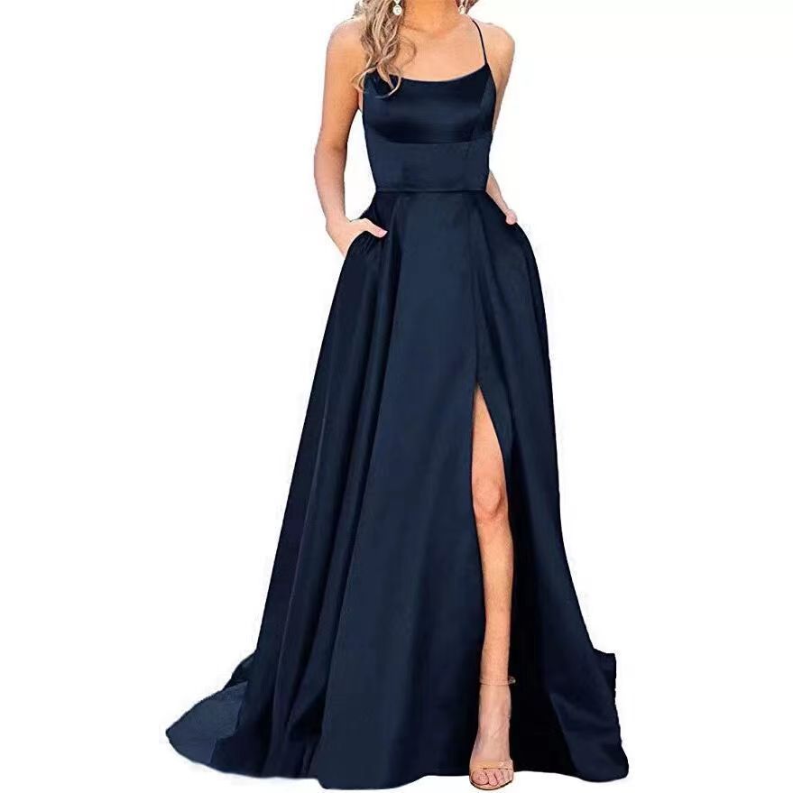 New women's dresses in summer are fashionable, elegant, solid color, sleeveless suspenders, backless waist and split long dresses, which are suitable for evening dresses of party and dinner guests.