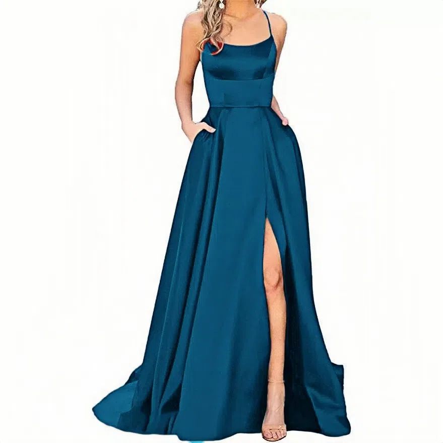 New women's dresses in summer are fashionable, elegant, solid color, sleeveless suspenders, backless waist and split long dresses, which are suitable for evening dresses of party and dinner guests.
