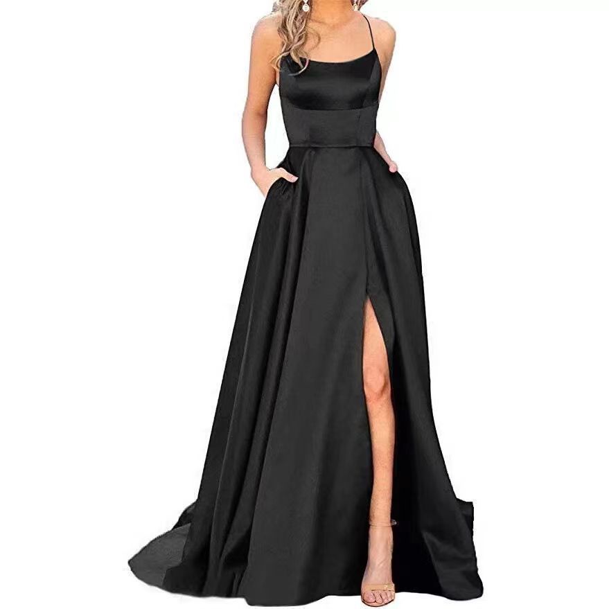 New women's dresses in summer are fashionable, elegant, solid color, sleeveless suspenders, backless waist and split long dresses, which are suitable for evening dresses of party and dinner guests.