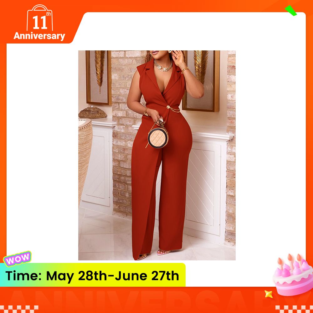 2025 Summer New Women's Fashion: Stylish and Elegant Suit Collar Sleeveless Waist-Cinching Chain Loose Wide-Leg Long Jumpsuit for Office Commuting.