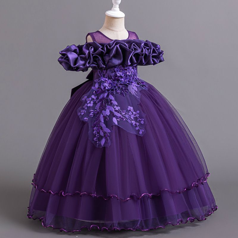 New high-end girls' dresses in summer, solid color round neck, one-shoulder fluffy gauze princess dress, is suitable for birthday party, school Christmas party, banquet dress, performance dress.