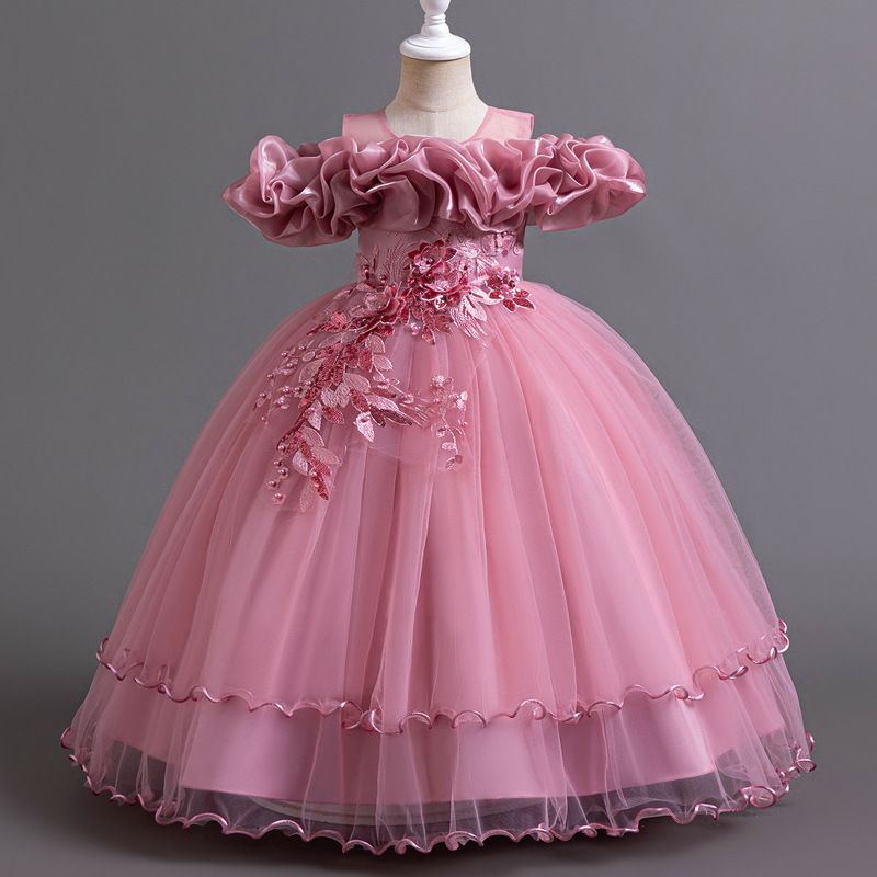 New high-end girls' dresses in summer, solid color round neck, one-shoulder fluffy gauze princess dress, is suitable for birthday party, school Christmas party, banquet dress, performance dress.