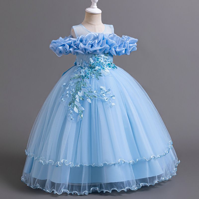 New high-end girls' dresses in summer, solid color round neck, one-shoulder fluffy gauze princess dress, is suitable for birthday party, school Christmas party, banquet dress, performance dress.