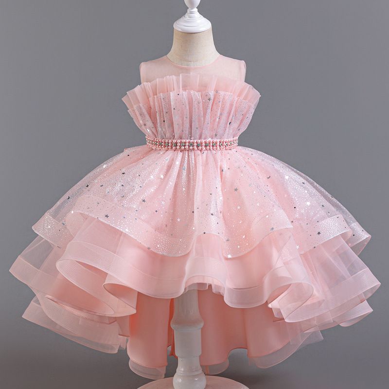 Summer new high-end girl dress fluffy mesh princess dress sleeveless trailing dress is suitable for birthday party, school Christmas party, wedding dress, performance dress.