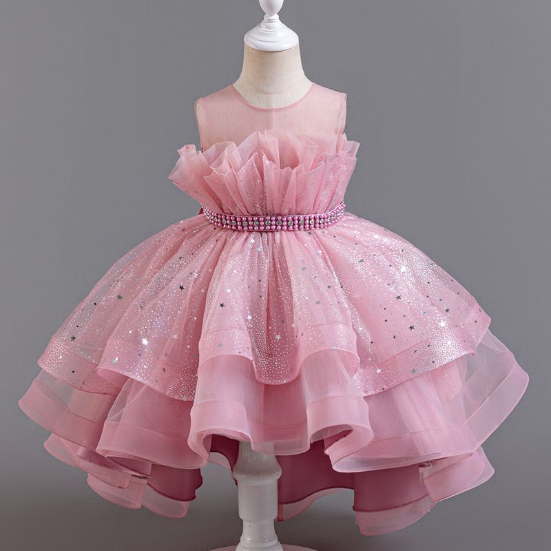 Summer new high-end girl dress fluffy mesh princess dress sleeveless trailing dress is suitable for birthday party, school Christmas party, wedding dress, performance dress.
