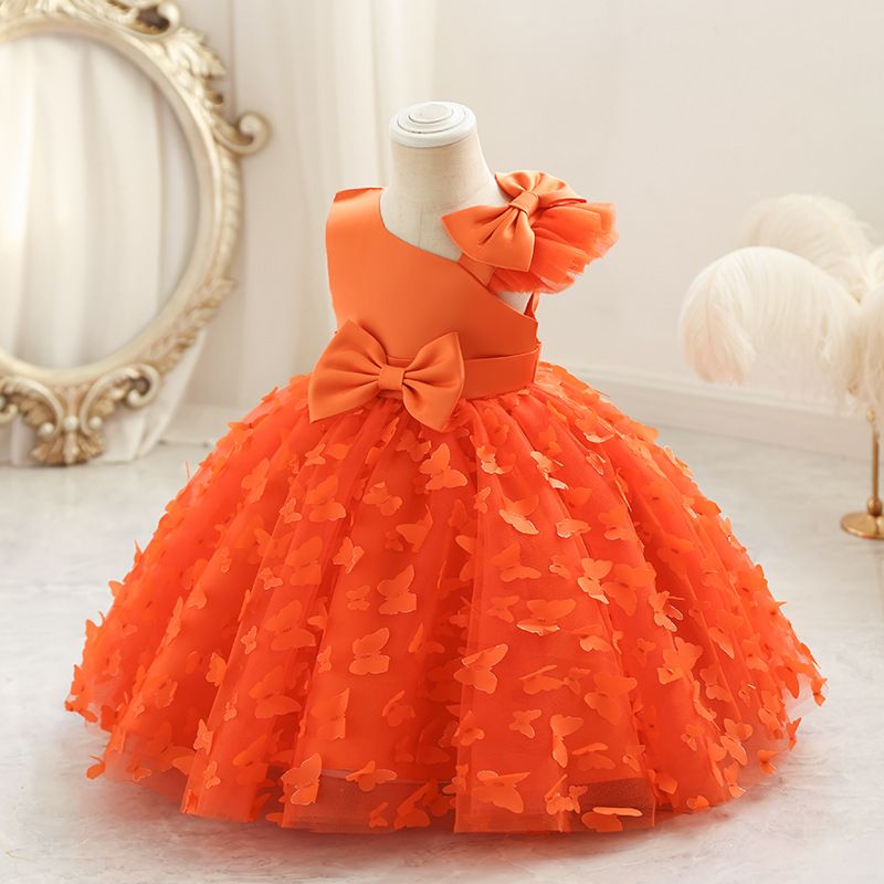 Summer new high-end girls' dress bow flying sleeves fluffy mesh princess dress is suitable for birthday party, school Christmas party, wedding dress, performance dress.