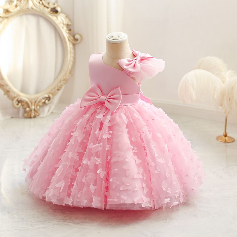 Summer new high-end girls' dress bow flying sleeves fluffy mesh princess dress is suitable for birthday party, school Christmas party, wedding dress, performance dress.