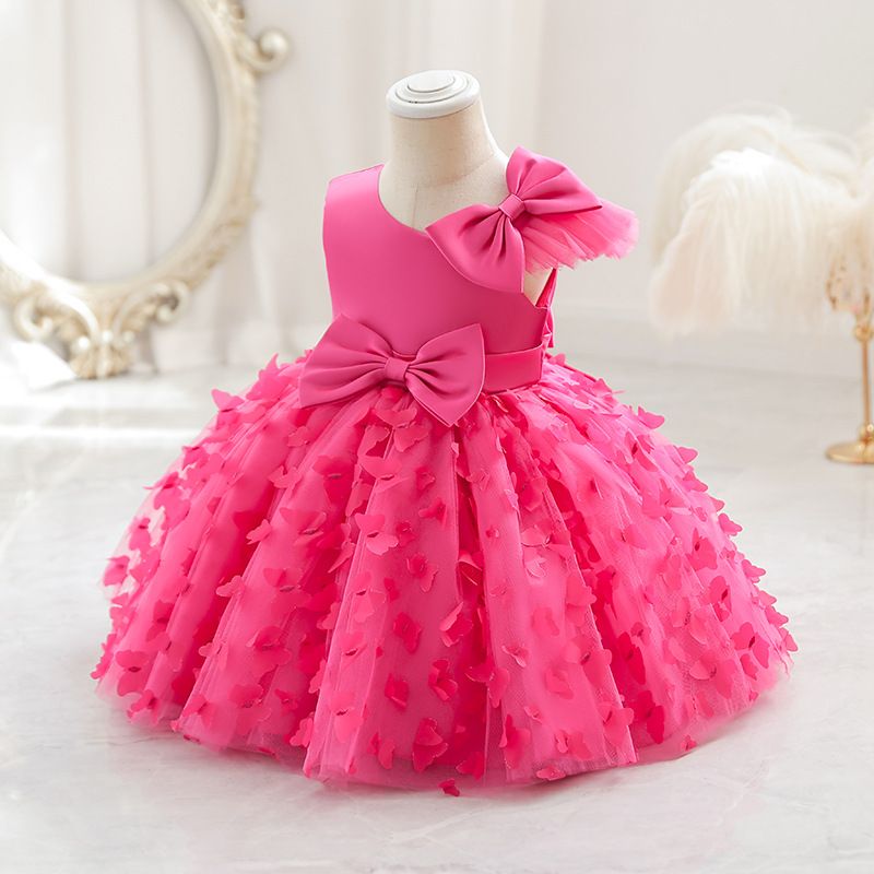 Summer new high-end girls' dress bow flying sleeves fluffy mesh princess dress is suitable for birthday party, school Christmas party, wedding dress, performance dress.