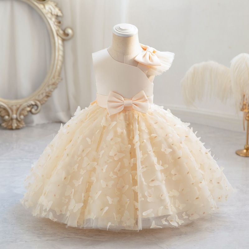 Summer new high-end girls' dress bow flying sleeves fluffy mesh princess dress is suitable for birthday party, school Christmas party, wedding dress, performance dress.
