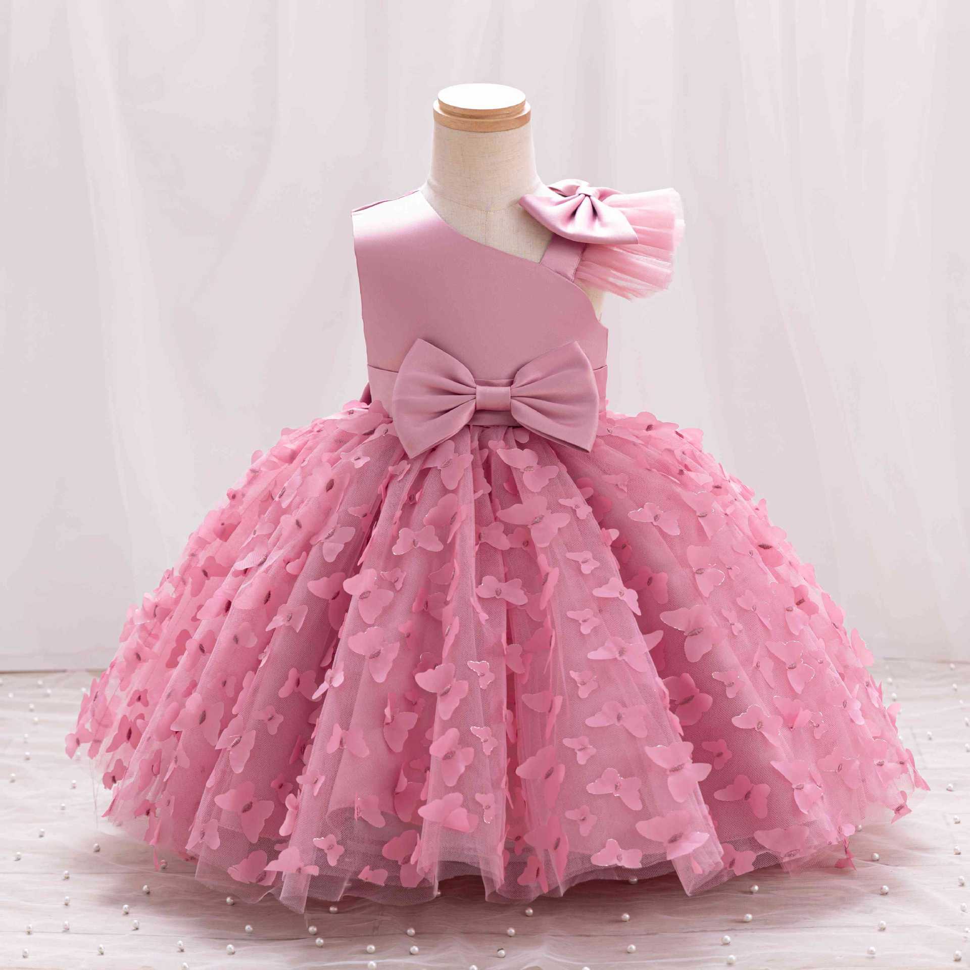 Summer new high-end girls' dress bow flying sleeves fluffy mesh princess dress is suitable for birthday party, school Christmas party, wedding dress, performance dress.