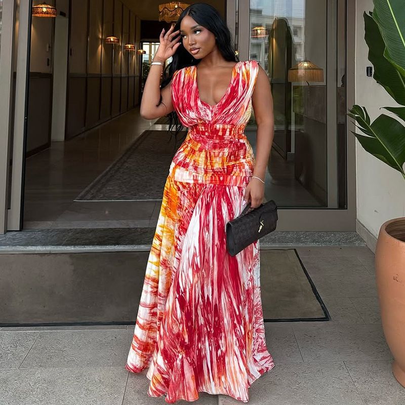 Summer new women's dress casual and comfortable printing sleeveless V-neck waist loose big skirt long dress suitable for daily leisure and holiday banquets.